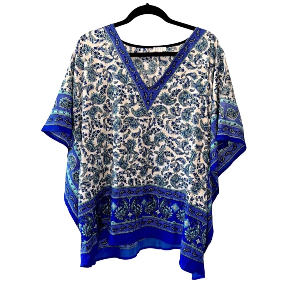Spense Blue Paisley Patterned V-Neck Top Size Large